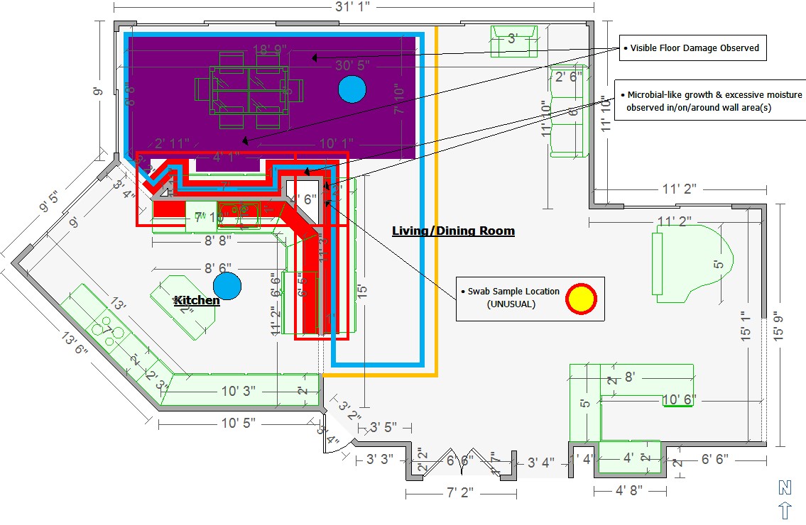 An anonymized Apex to-scale floor plan with mapped affected areas and technical annotations